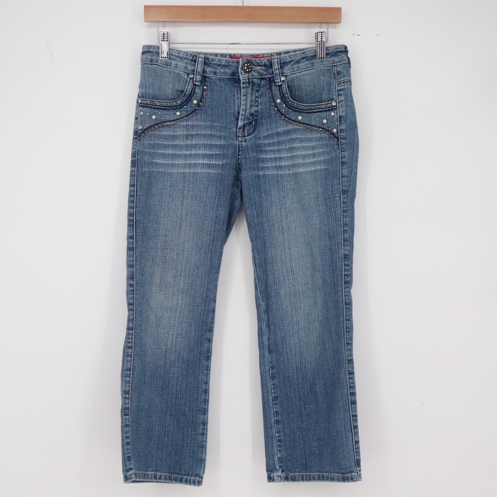 Conshing Jeans Denim Pants Womens 26 Y2K Embellished Blue Studded Straight Exc